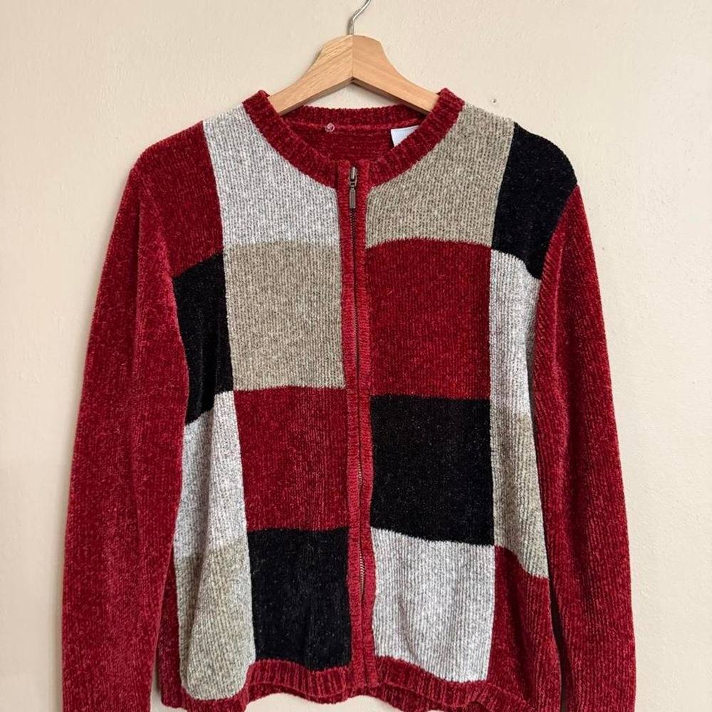 Vintage 90s Boxy Zip Up Sweater Colorblock Chenille Red Cream Mens Medium
